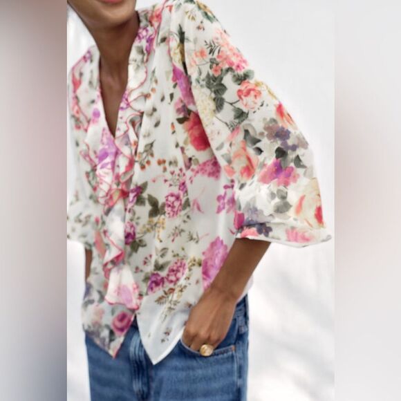 ZARA RUFFLED FLORAL PRINTED BLOUSE - Picture 2 of 7